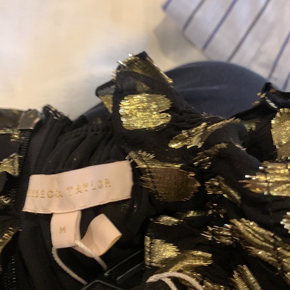 Rebecca Taylor metallic dot ruffle cap sleeve back zip gold/black blouse M - Picture 4 of 4